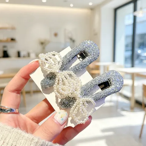 Style Coréen Mignon Fausse Perle Nœud Strass Argenté BB Pince à Cheveux Douce Épingle Latérale Accessoires de Coiffure pour Femmes