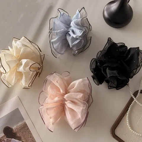 Style Coréen Été Grands Chouchous Dentelle Organza Transparente Brillant Cordes à Cheveux Élastiques Accessoires Cheveux Femme