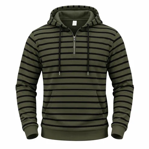 Herren Vintage Gestreifter Kapuzenpullover Gefüttert Thermisch Halb Reißverschluss Langarm Lässiger Pullover Hoodie Top