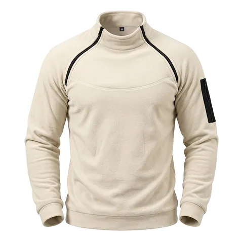 Men's Warm Polar Fleece Stand Collar Sweatshirt Slanted Zipper Pullover Long Sleeve Top With Arm Pocket Solid Casual Clothing