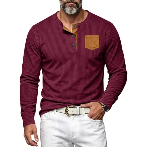 Camisa Henley de Manga Larga de Corduroy Casual para Hombre Color Sólido Slim Fit Vintage Retro Tops Con Bolsillo