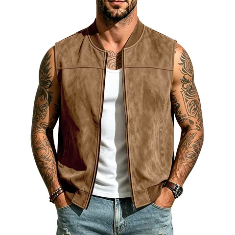 Herren Wildleder Weste Amerikanischer Westen Baseball Kragen Ärmellos Reißverschluss Jacke Jagdweste Lässig Slim Fit Polyester Weste