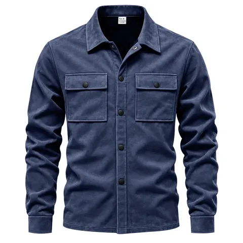 Chaqueta Camisa Casual de Gamuza para Hombre Color Sólido Solapa Manga Larga Con Doble Bolsillo en el Pecho Ajuste Holgado