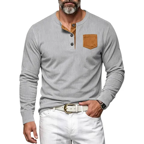 Men's Casual Corduroy Henley Shirt Long Sleeve Woven Contrast Patch Pocket Button Top
