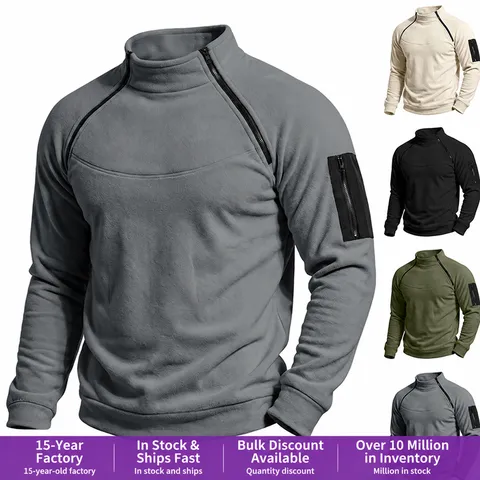 Men's Warm Polar Fleece Stand Collar Sweatshirt Slanted Zipper Pullover Long Sleeve Top With Arm Pocket Solid Casual Clothing