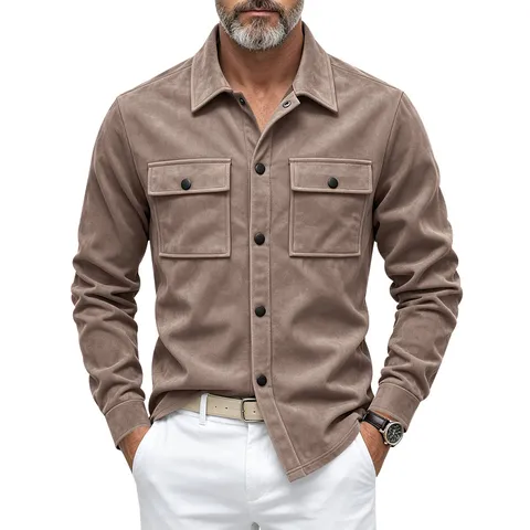 Veste Chemise en Suédine pour Hommes Décontractée Coupe Décontractée Manches Longues Avec Poches Col Rabattu Haut Workwear