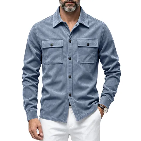 Men Suede Shirt Jacket Single Breasted Workwear Utility Double Flap Pockets Long Sleeve Casual Autumn Outerwear Fashion Top