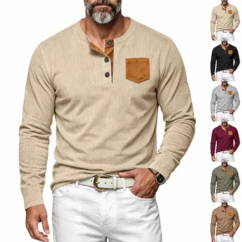 Men's Casual Corduroy Henley Shirt Long Sleeve Woven Contrast Patch Pocket Button Top