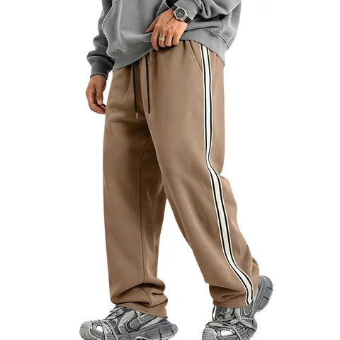 Men's Heavyweight Fleece Lined Side Stripe Wide Leg Sweatpants Loose Casual Knitted Sports Joggers Straight Drawstring Long Pants