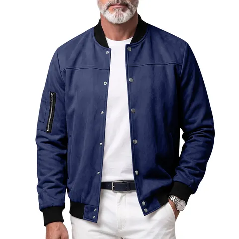 Men's Faux Suede Bomber Jacket Baseball Collar Snap Button Ribbed Cuff Casual Flight Jacket Windbreaker Autumn Outerwear Coat