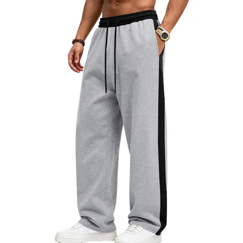 Men Heavyweight Contrast Side Stripe Sweatpants Fleece Lined Knitted Wide Leg Straight Casual Loose Joggers Sports Pants Drawstring Trousers