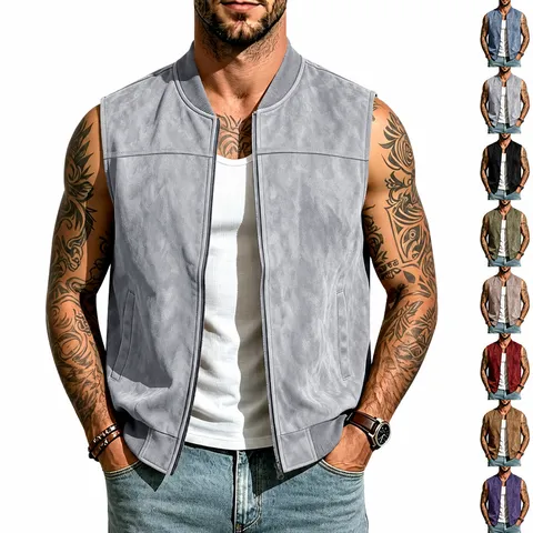 Herren Wildleder Weste Amerikanischer Westen Baseball Kragen Ärmellos Reißverschluss Jacke Jagdweste Lässig Slim Fit Polyester Weste