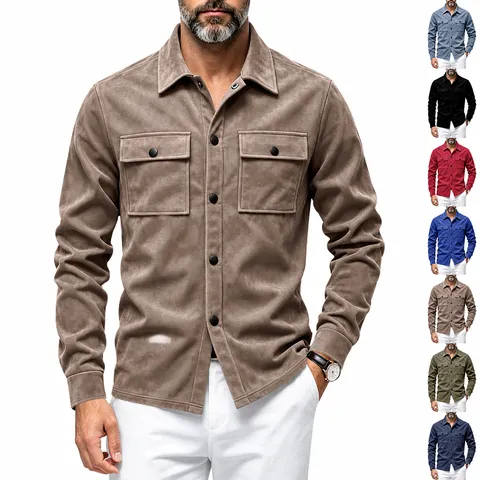 Men Suede Shirt Jacket Single Breasted Workwear Utility Double Flap Pockets Long Sleeve Casual Autumn Outerwear Fashion Top