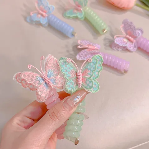 Kids Cute Butterfly Embroidery Telephone Wire Hair Ties Girls Sweet Elastic Hair Ropes Hair Accessories
