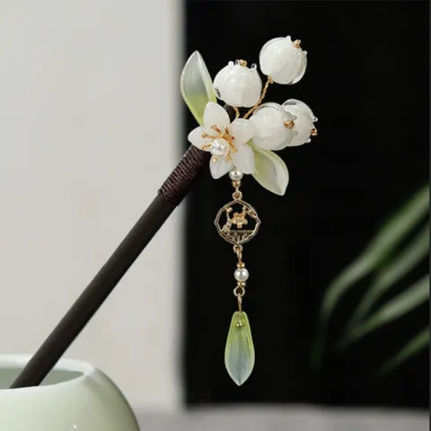 Handmade Lily Of The Valley Wooden Hair Stick Classical Hanfu Hairpin Tassel Hair Accessories For Women