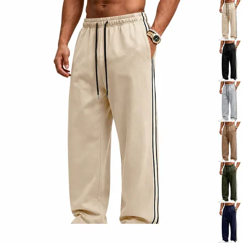 Men's Heavyweight Fleece Lined Sweatpants Knitted Side Stripe Wide Leg Straight Trousers With Elastic Drawstring Waist Long Pants