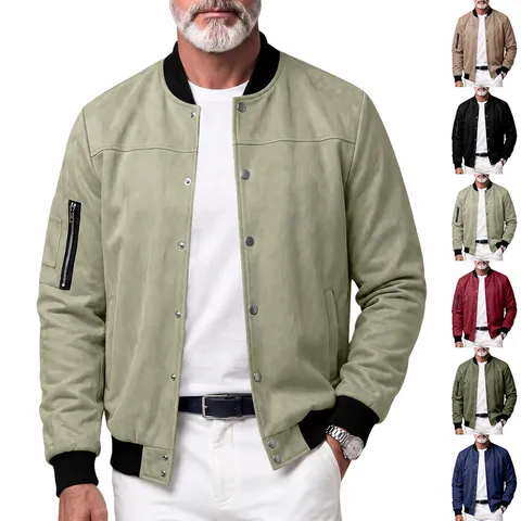 Men's Faux Suede Bomber Jacket Baseball Collar Snap Button Ribbed Cuff Casual Flight Jacket Windbreaker Autumn Outerwear Coat