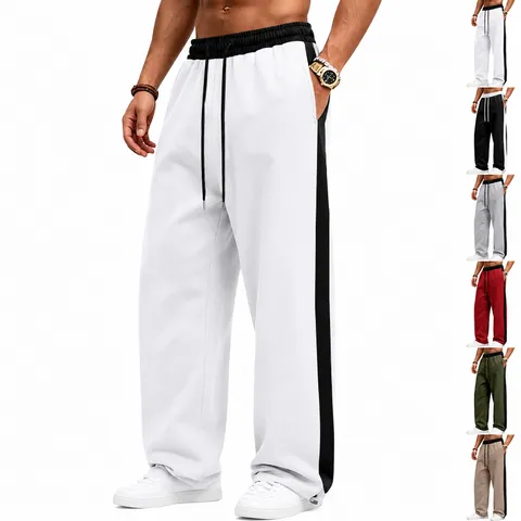 Men Heavyweight Contrast Side Stripe Sweatpants Fleece Lined Knitted Wide Leg Straight Casual Loose Joggers Sports Pants Drawstring Trousers