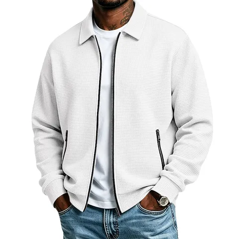 Heren Wafel Gebreide Jas Casual Lange Mouw Revers Volledige Rits Bovenkleding Herfst Sport Slim Fit Dagelijkse Jas