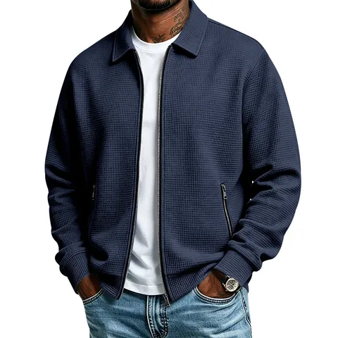 Heren Wafel Gebreide Jas Casual Lange Mouw Revers Volledige Rits Bovenkleding Herfst Sport Slim Fit Dagelijkse Jas