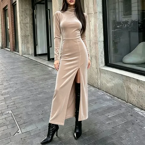 Vestido Maxi Ajustado de Manga Larga con Cuello Alto para Mujer Elegante Corte Slim Apertura Alta Color Sólido Terciopelo Coreano Vestido Largo de Fiesta