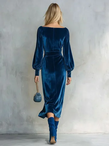 Women Elegant Off Shoulder Velvet Long Sleeve Midi Dress High Waist Split Slim Fit Evening Party Gown