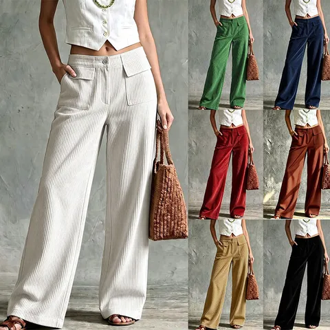 Women's Vintage Corduroy Wide-Leg Pants High Waist Double Pockets Straight Long Trousers Casual Autumn Winter Bottoms