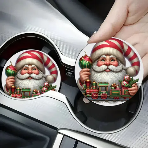 Dessous de Verre de Noël en Silicone pour Voiture Antidérapant Absorbant Tapis de Porte-Gobelet de Voiture Motif Père Noël Petit Train Accessoires de Décoration Intérieure