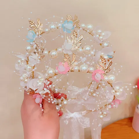 Children Princess Crown Floral Wreath Headband Girl Pearl Butterfly Hair Band Wedding Flower Girl Hair Accessories