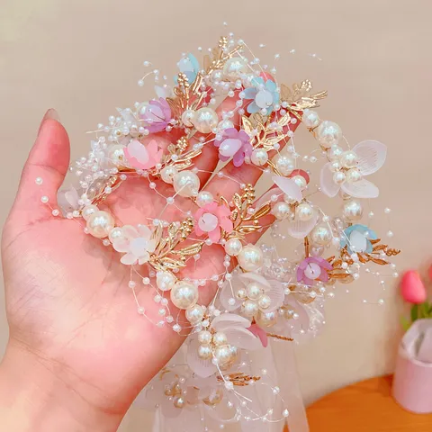 Children Princess Crown Floral Wreath Headband Girl Pearl Butterfly Hair Band Wedding Flower Girl Hair Accessories