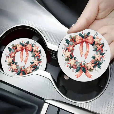 Christmas Floral Pattern Car Coasters Silicone Round Heat Resistant Non-Slip Cup Mat Car Accessory Festive Table Decoration