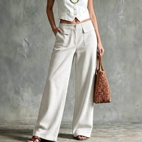 Women's Vintage Corduroy Wide-Leg Pants High Waist Double Pockets Straight Long Trousers Casual Autumn Winter Bottoms