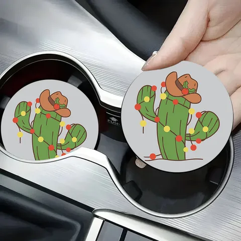 Round Silicone Car Coaster Cute Cartoon Cactus Christmas Reindeer Anti-slip Heat Resistant Interior Accessory For Vehicle Cup Holder Cup Mat
