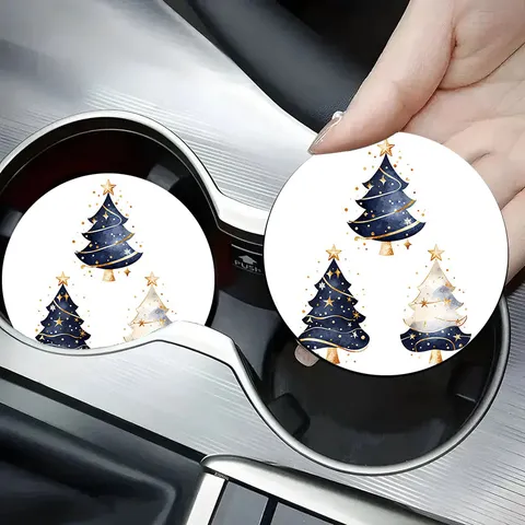 Sous-verre Universel Rond en Silicone pour Voiture Motif Aquarelle Sapin de Noël Tapis de Boisson Antidérapant Isolé Thermiquement pour Porte-gobelet Auto Bureau Maison