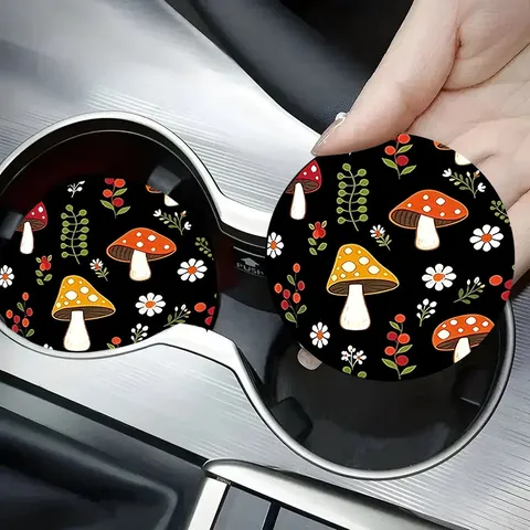 Non-Slip Silicone Coaster Whimsical Cat Mushroom Dog Design For Car Cup Holder Coffee Table Round Printed Drink Mat Accessory