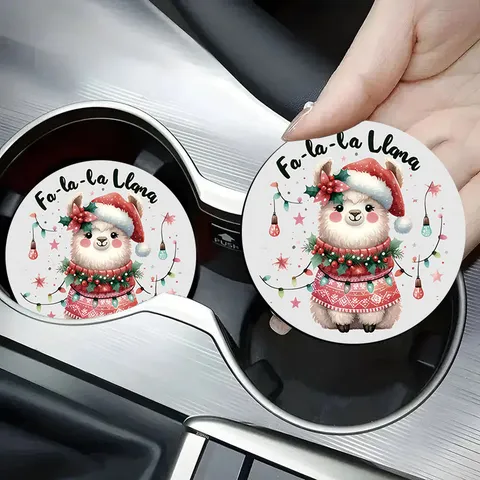 Christmas Car Cup Holder Coasters Silicone Round Anti-Slip Heat Insulated Mat For Vehicle Home Office Decor Christmas Llama Deer Tree Pattern