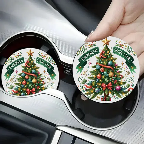 Christmas Tree Gingerbread Man Silicone Car Cup Coasters Round Non-Slip Heat Insulated Drink Mat For Vehicle Cup Holder Xmas Party Home Decor