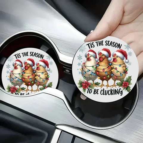 Christmas Car Cup Holder Coasters Silicone Round Anti-Slip Heat Insulated Mat For Vehicle Home Office Decor Christmas Llama Deer Tree Pattern