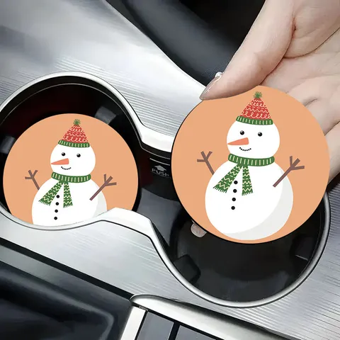 Cartoon Snowman Printed Car Coaster Non-slip Silicone Cup Mat Vehicle Interior Decoration Accessories Protective Pad For Car Cup Holder Christmas Gift