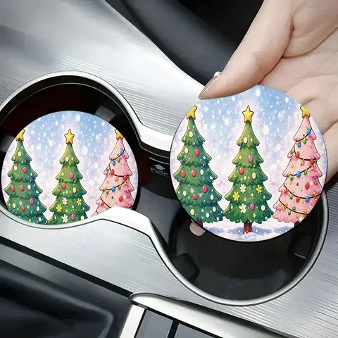 Christmas Car Coasters Set 7cm Silicone Round Absorbent Coasters For Car Cup Holder Anti-Slip Heat Insulation Coffee Coaster Christmas Decor For Women Men
