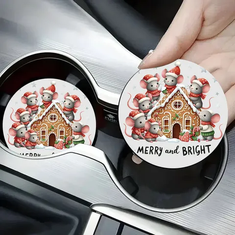 Christmas Car Coaster Silicone Waterproof Heat Resistant Coffee Cup Mat Cartoon Animal Print Coaster For Vehicle Interior Decor