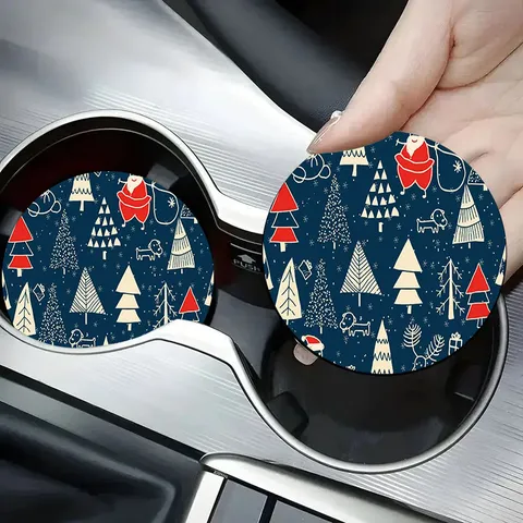 Christmas Silicone Car Coasters Non-Slip Cup Mats Santa Claus Reindeer Tree Patterns For Home Office Vehicle Interior Decoration