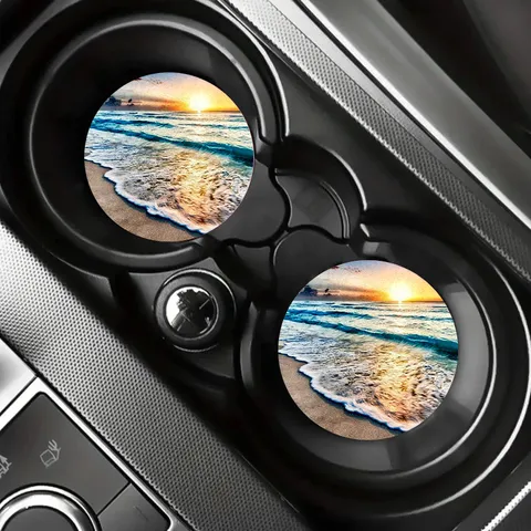 Dessous de Verre en Silicone Antidérapant pour Voiture Tapis Absorbant Rond Avec Motif Plage Coucher de Soleil Floral Animal Damier Accessoires Intérieurs de Voiture