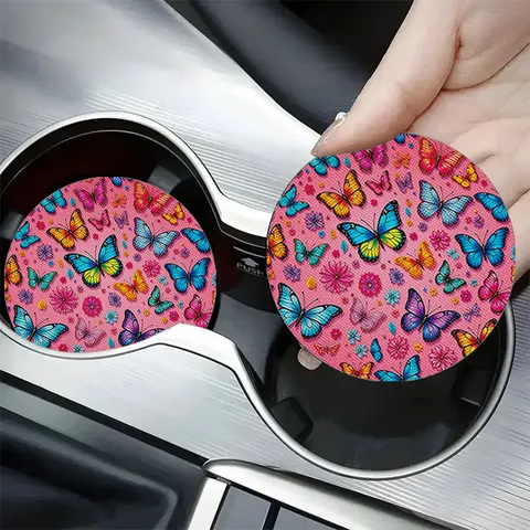 Non-Slip Silicone Car Cup Holder Coaster Absorbent Mandala Astronaut Butterfly Pattern Round Automotive Interior Accessories Coaster
