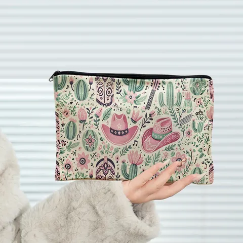 Vintage Cartoon Bloemen En Westerse Cowboy Print Grote Capaciteit Canvas Reißverschluss Aufbewahrungstasche Make-up Etui