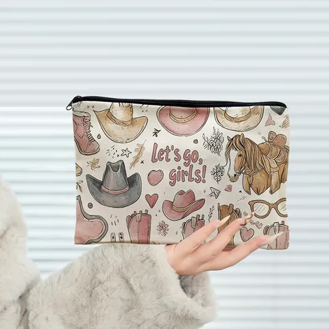 Vintage Cartoon Bloemen En Westerse Cowboy Print Grote Capaciteit Canvas Reißverschluss Aufbewahrungstasche Make-up Etui