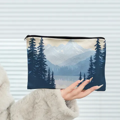 Portable Canvas Cosmetic Bag Zipper Makeup Pouch Cute Cartoon Floral Scenery Travel Storage Bag Toiletry Organizer
