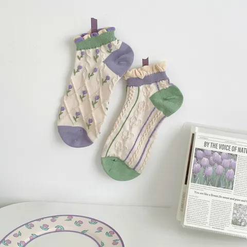 Calzini Corti da Donna in Stile Preppy Dolce Motivo Floreale Argyle a Contrasto Calze alla Caviglia Traspiranti in Poliestere