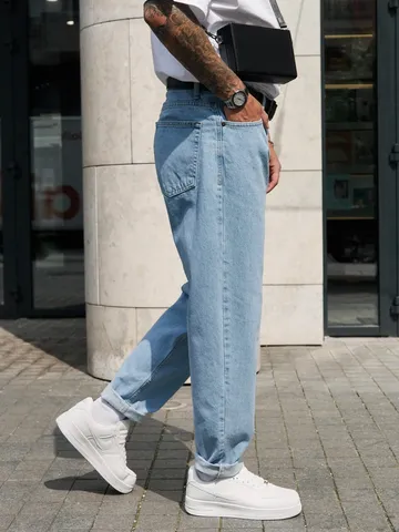 Men's Straight Leg Cropped Jeans Washed Solid Color Mid Waist Denim Pants Casual Summer Trousers For Youth Light Business Style