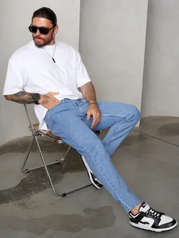 Men Straight Fit Jeans Washed Denim Cropped Blue Casual Pants Smart Business Trousers For Youth Summer Wear Bottom